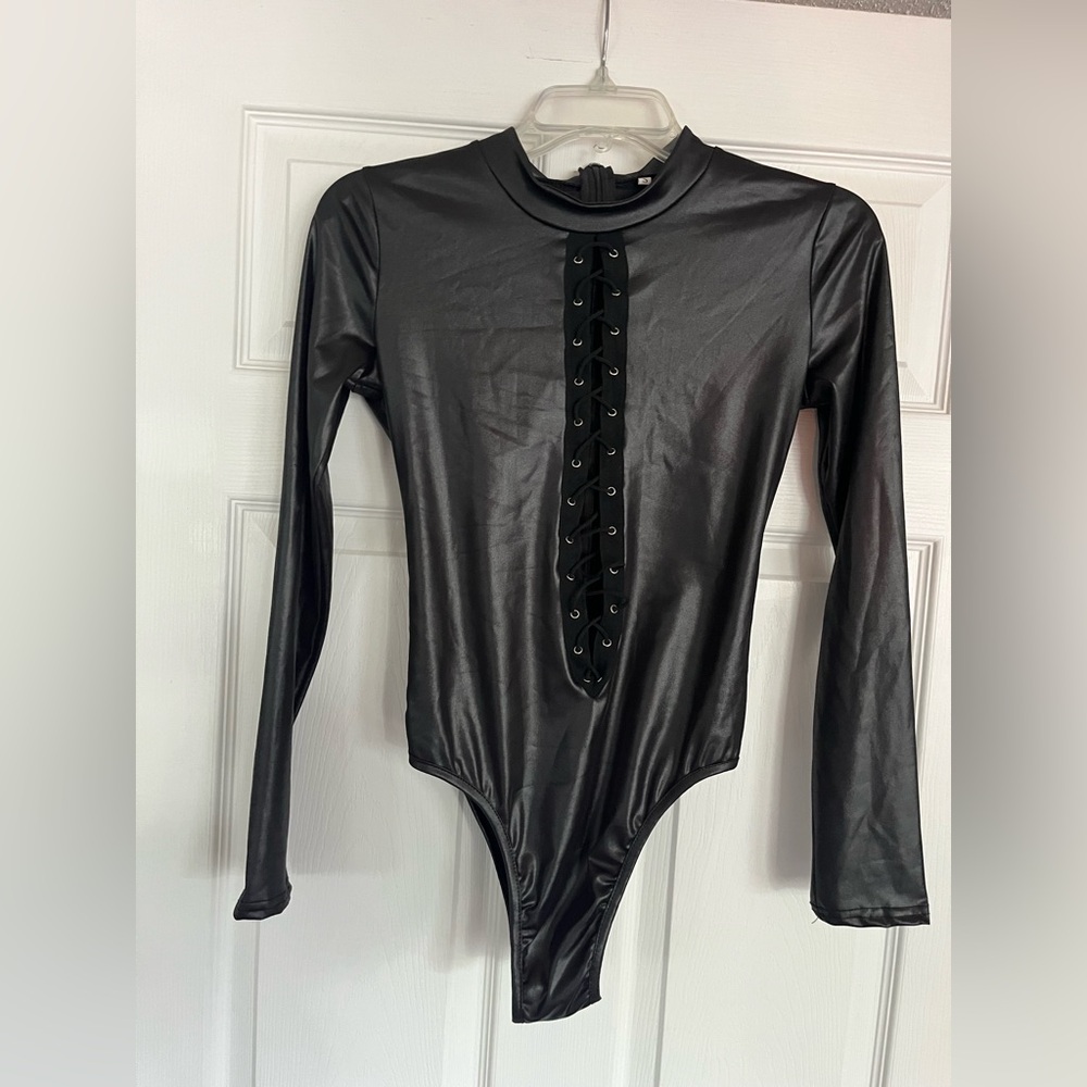 Faux-Leather Black Long Sleeve Bodysuit with Lace-Up Detail